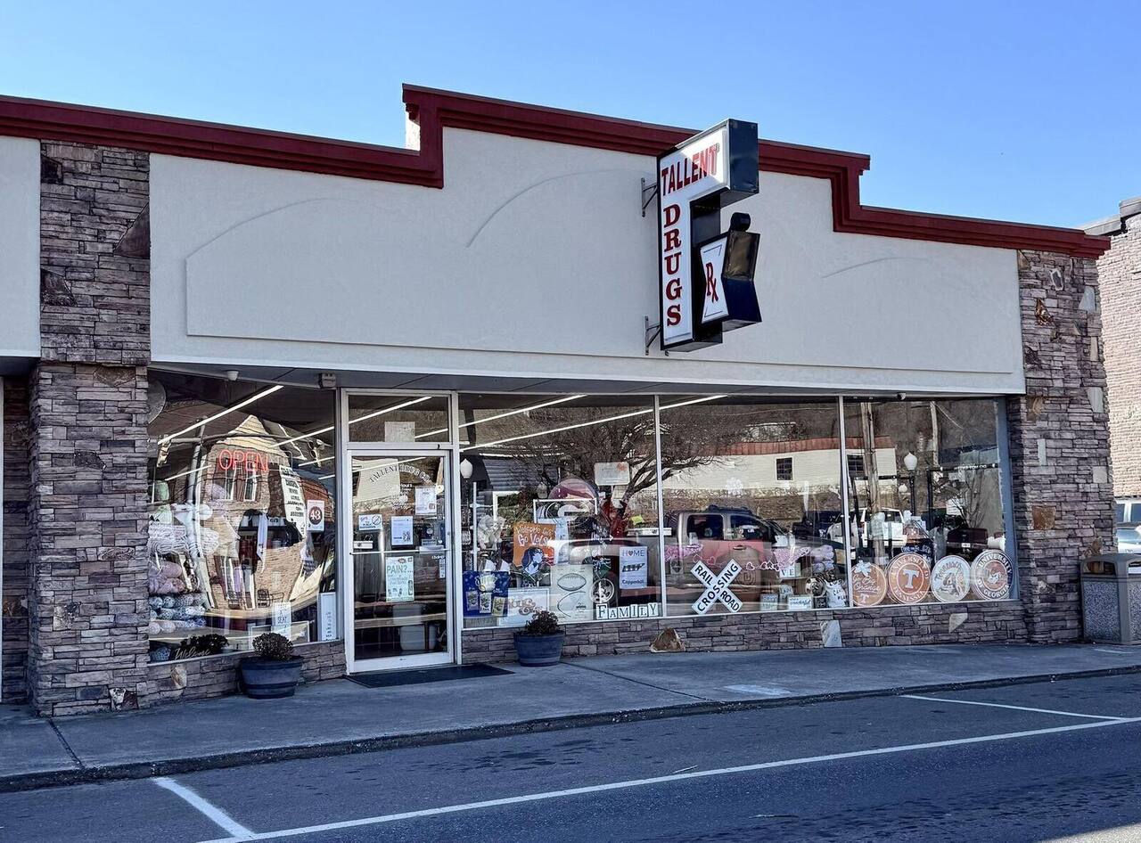 The historic Tallent Drug Store storefront on Ocoee Street in downtown Copperhill
